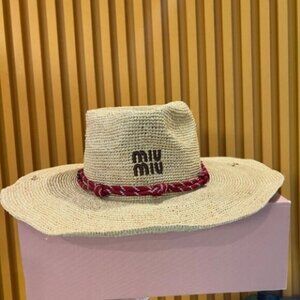 Miu Miu Tan Straw Hat with Red Braided Band